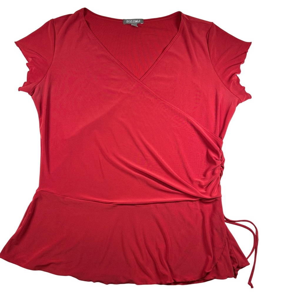 Roz & Ali Womens XL Red Faux Wrap Peplum Top Short Sleeve Ruched Side Tie Blouse